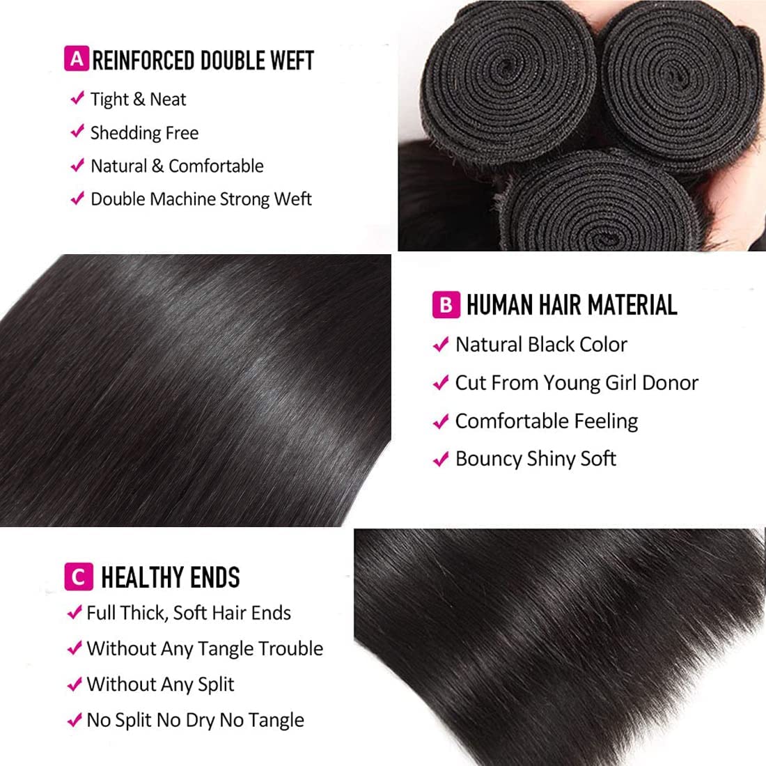 100% Virgin Human Hair Bundles Straight Silky Soft Sew-In Weave Brazilian Hair Weft 100g