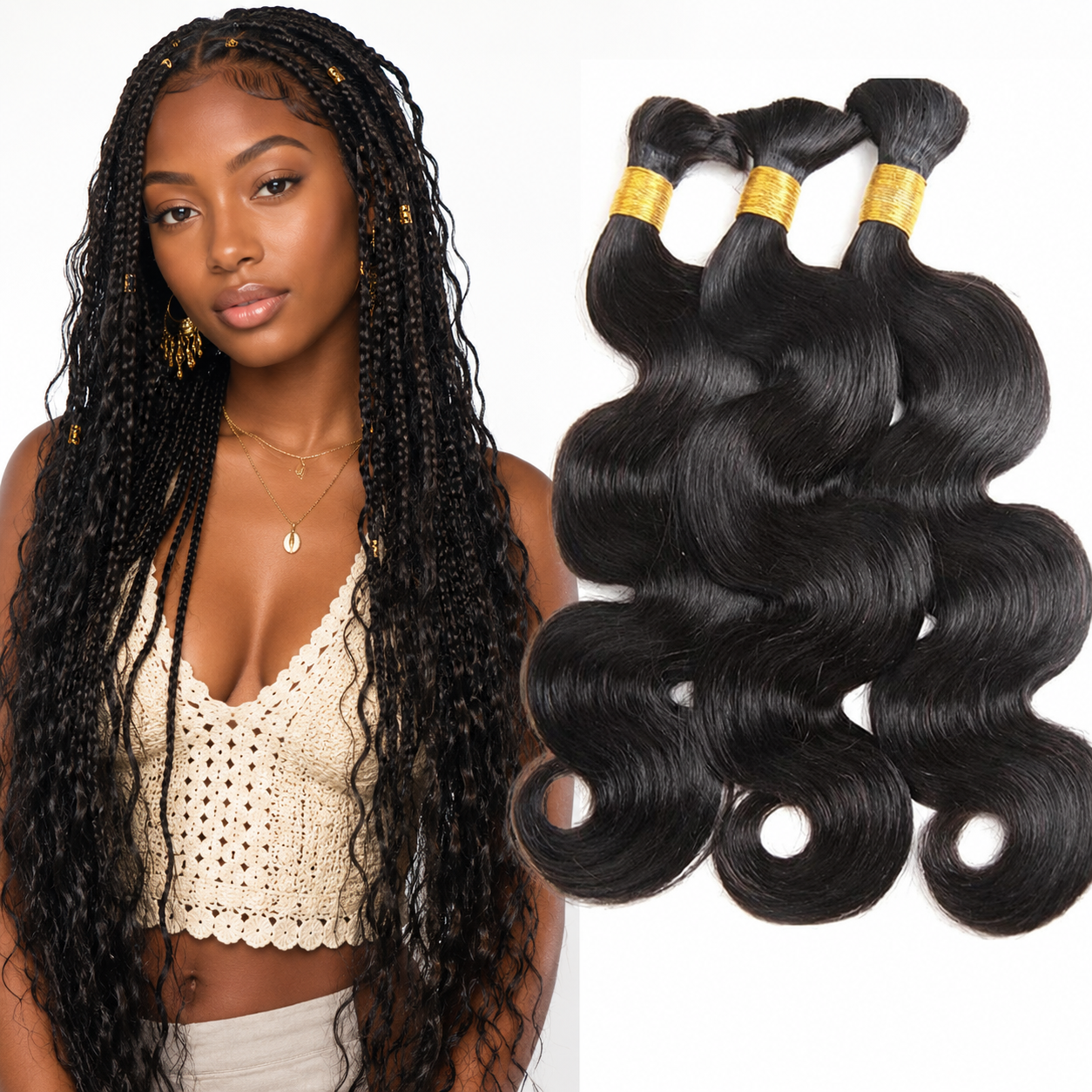 Boho Hair Bulk Virgin Remy Human Hair for Boho Braids, Body Wave Bulk for Braiding Bohemian Knotless Braids 100g #1B Natural Color