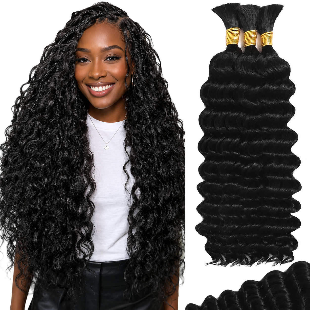Boho Hair Bulk Virgin Remy Human Hair for Boho Braids, Deep Wave Bulk for Braiding Bohemian Knotless Braids 100g #1B Natural Color