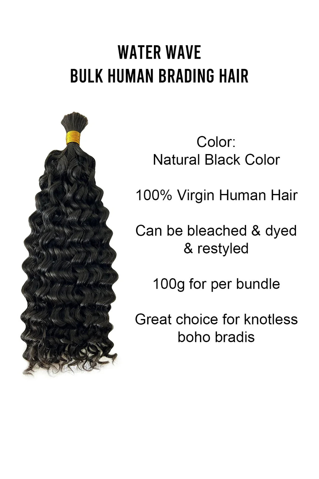 Boho Hair Bulk Virgin Remy Human Hair for Boho Braids, Water Wave Bulk for Braiding Bohemian Knotless Braids 100g #1B Natural Color