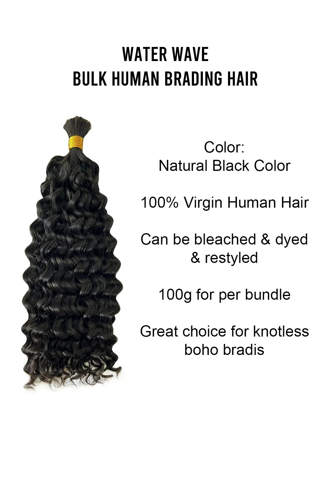 Boho Hair Bulk Virgin Remy Human Hair for Boho Braids, Water Wave Bulk for Braiding Bohemian Knotless Braids 100g #1B Natural Color