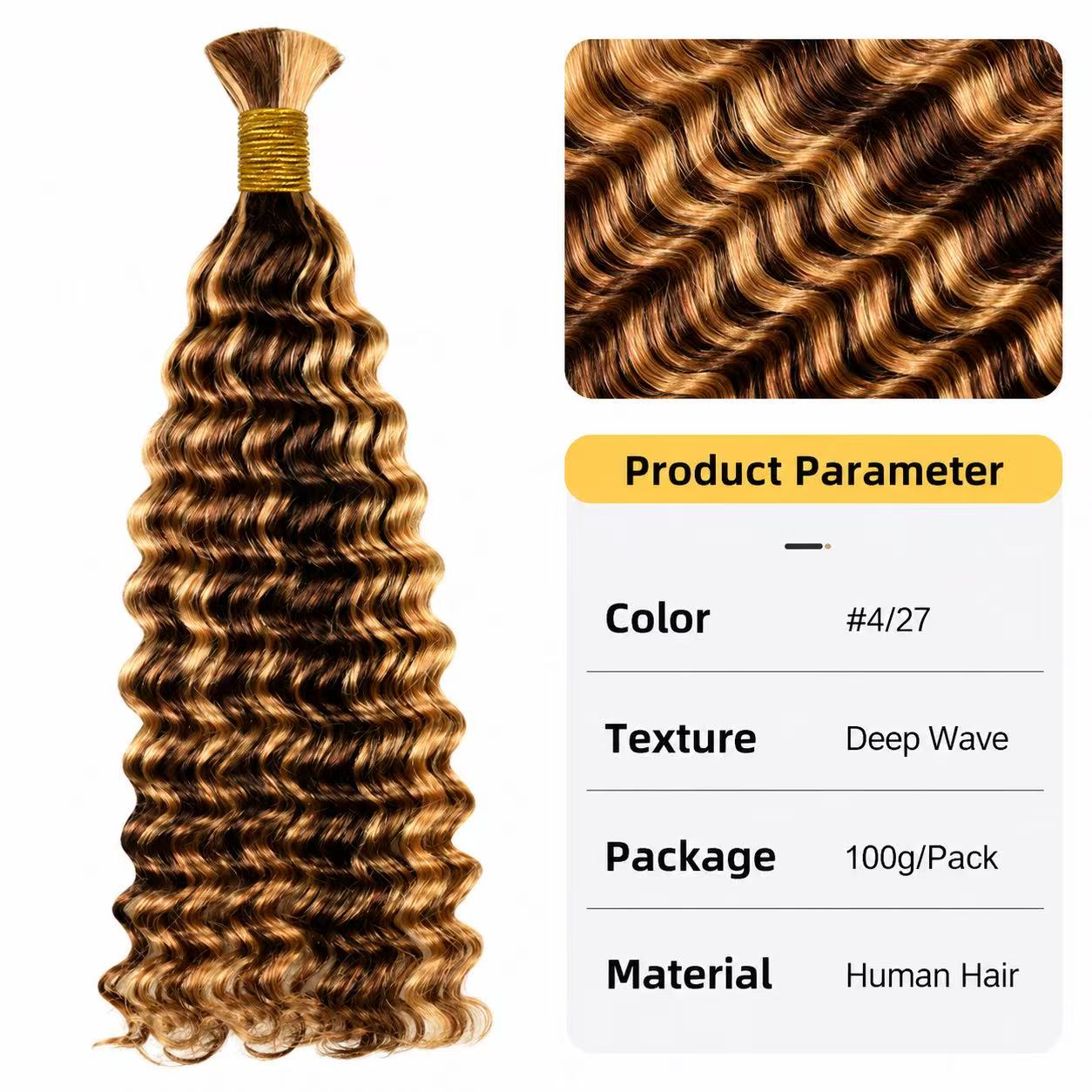 Virgin Remy Braiding Human Hair for Boho Braids, Full End Deep Wave Bulk for Braiding Bohemian Knotless Braids 100g #4/27 Mixed Color
