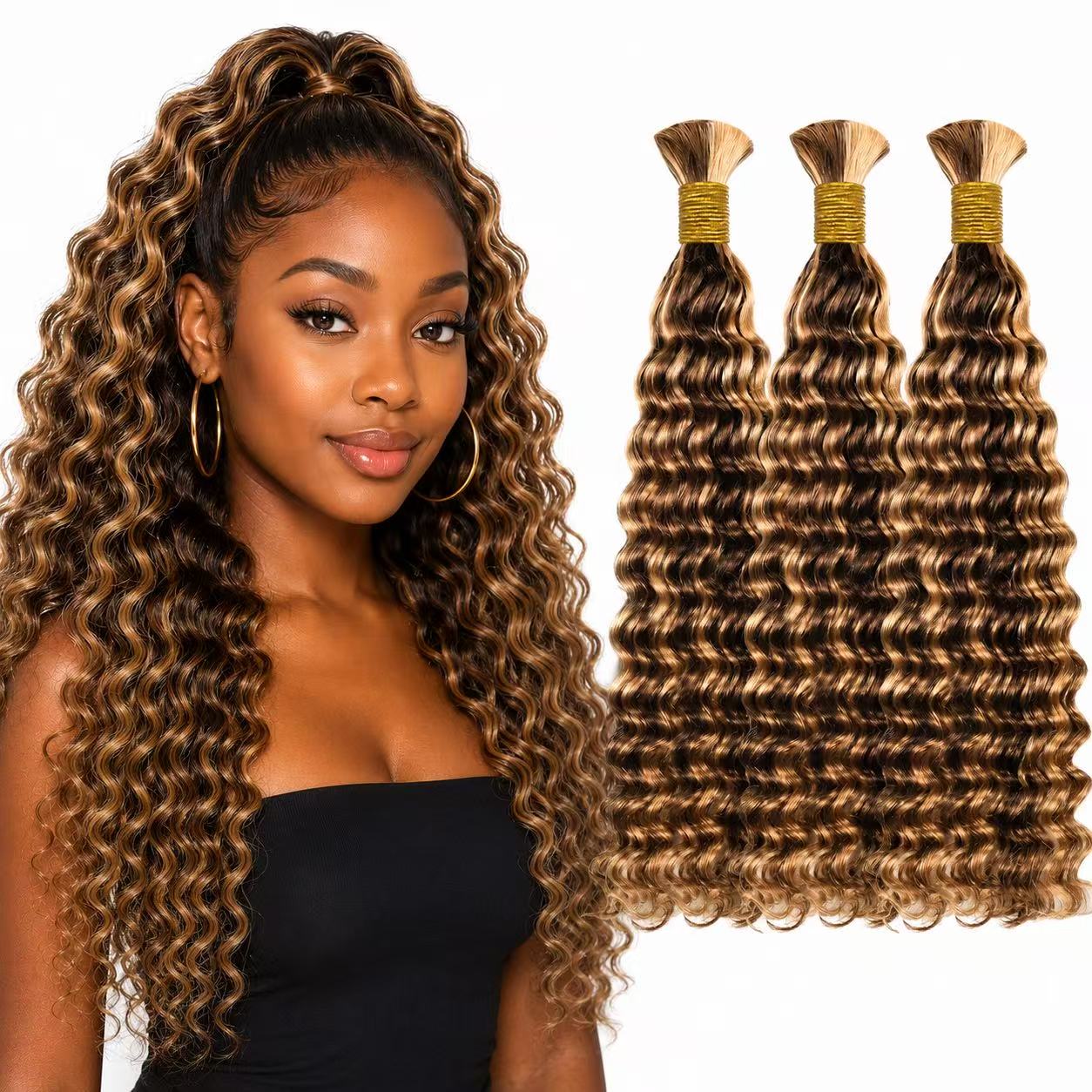 Virgin Remy Braiding Human Hair for Boho Braids, Full End Deep Wave Bulk for Braiding Bohemian Knotless Braids 100g #4/27 Mixed Color