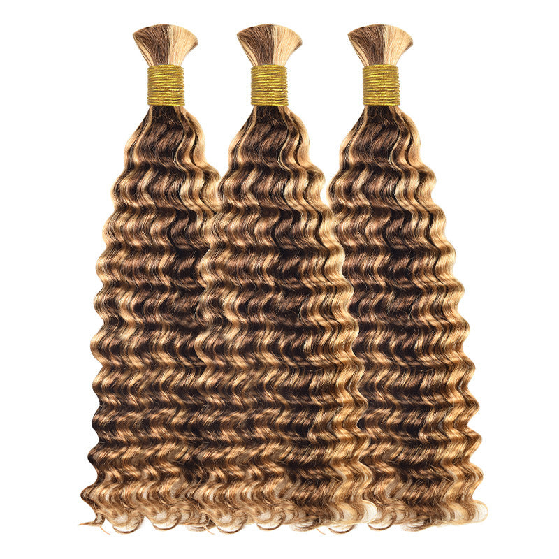 Virgin Remy Braiding Human Hair for Boho Braids, Full End Deep Wave Bulk for Braiding Bohemian Knotless Braids 100g #4/27 Mixed Color