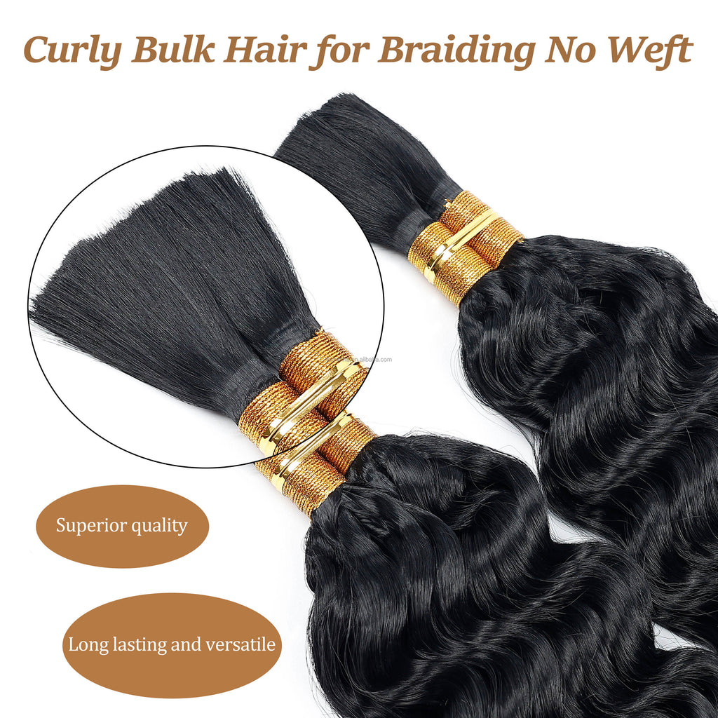 Virgin Remy Braiding Human Hair for Boho Braids, Full End Deep Wave Bulk for Braiding Bohemian Knotless Braids 100g #1B Natural Color