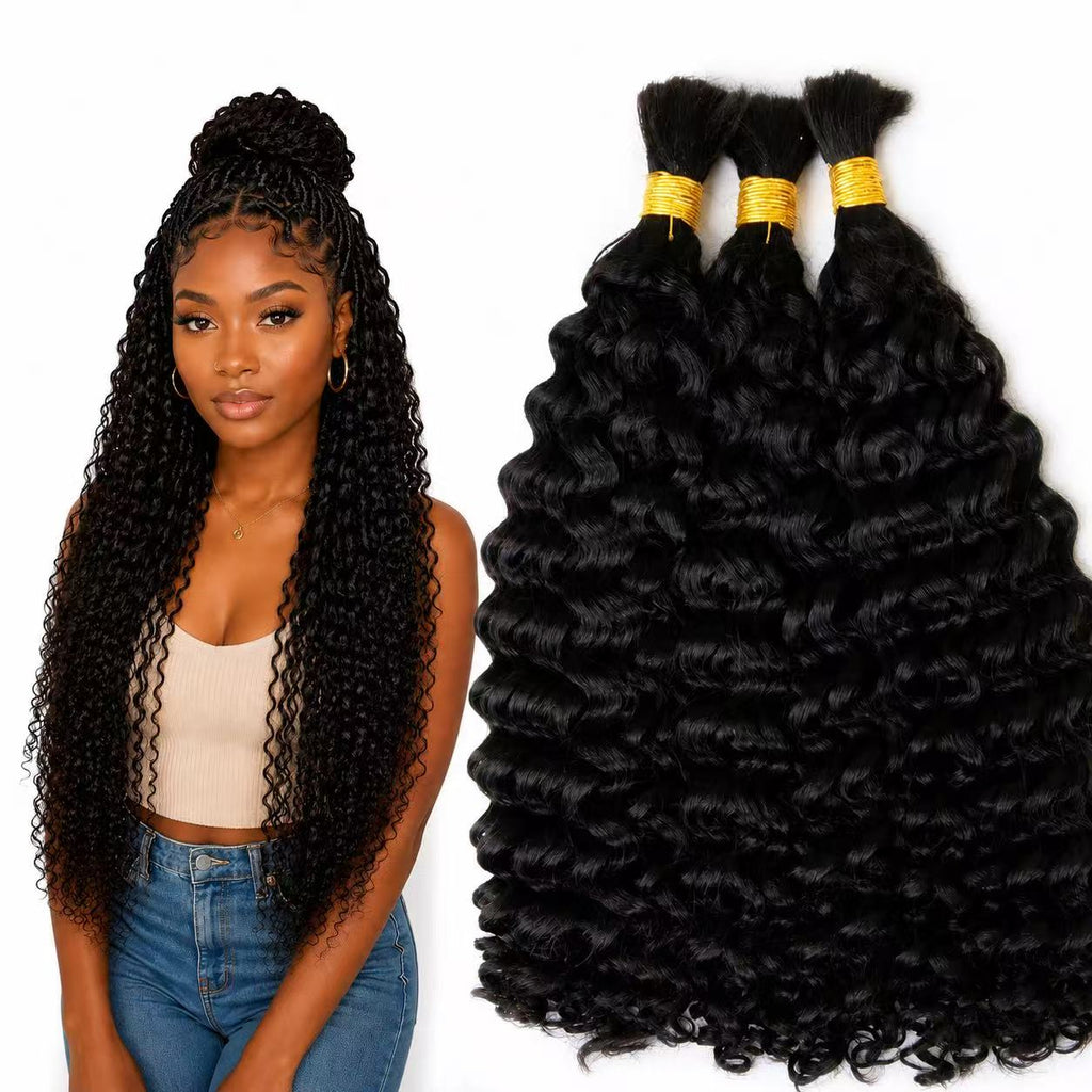 Boho Hair Bulk Virgin Remy Human Hair for Boho Braids, Spanish Wave Bulk for Braiding Bohemian Knotless Braids 100g #1B Natural Color