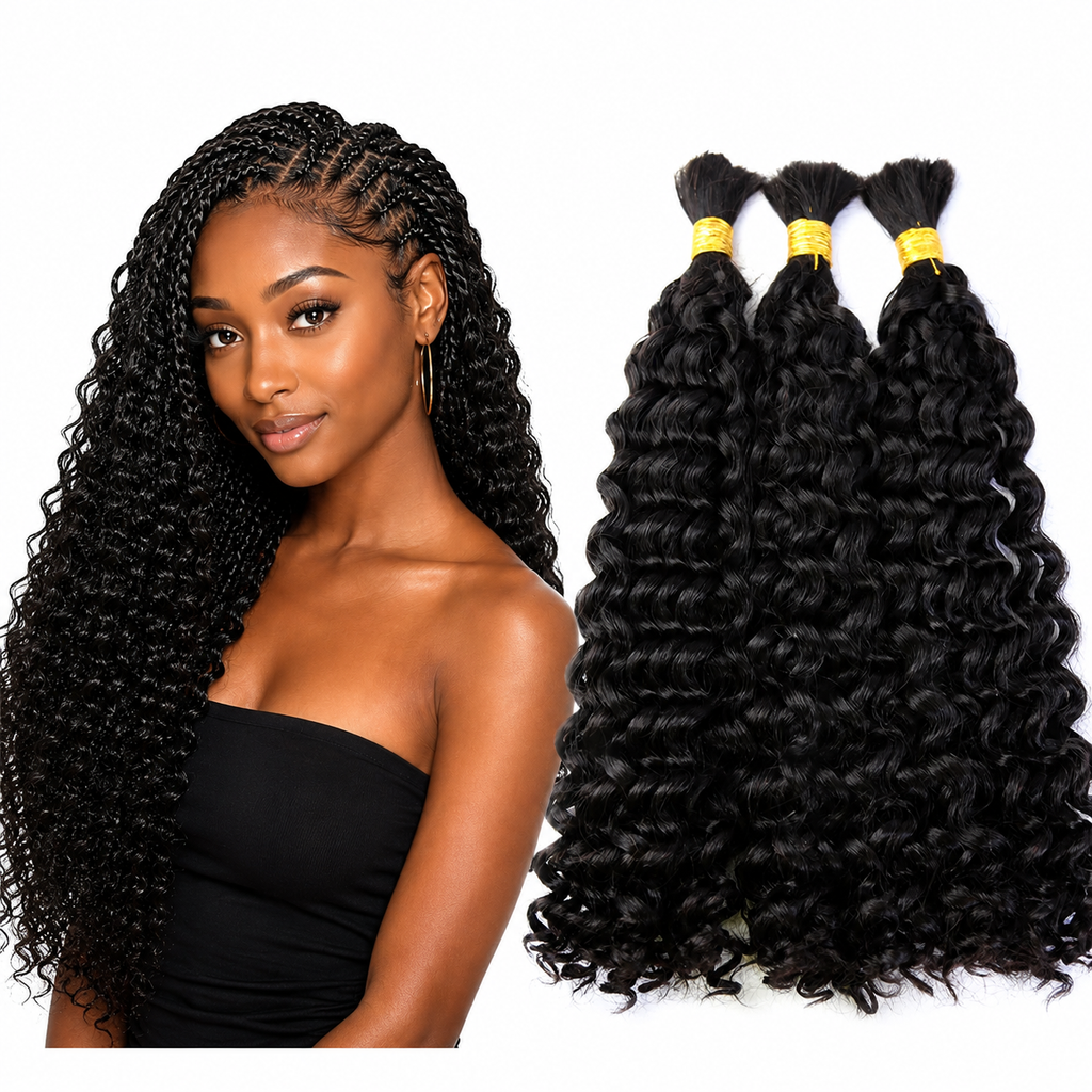 Boho Hair Bulk Virgin Remy Human Hair for Boho Braids, Water Wave Bulk for Braiding Bohemian Knotless Braids 100g #1B Natural Color