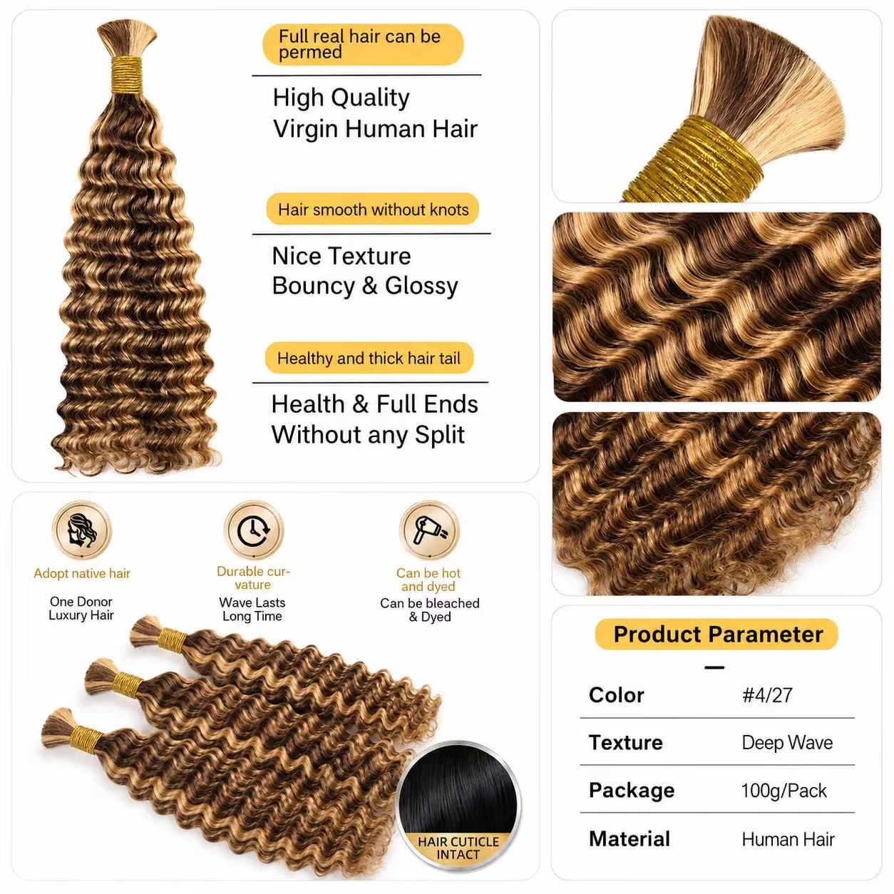 Virgin Remy Braiding Human Hair for Boho Braids, Full End Deep Wave Bulk for Braiding Bohemian Knotless Braids 100g #4/27 Mixed Color