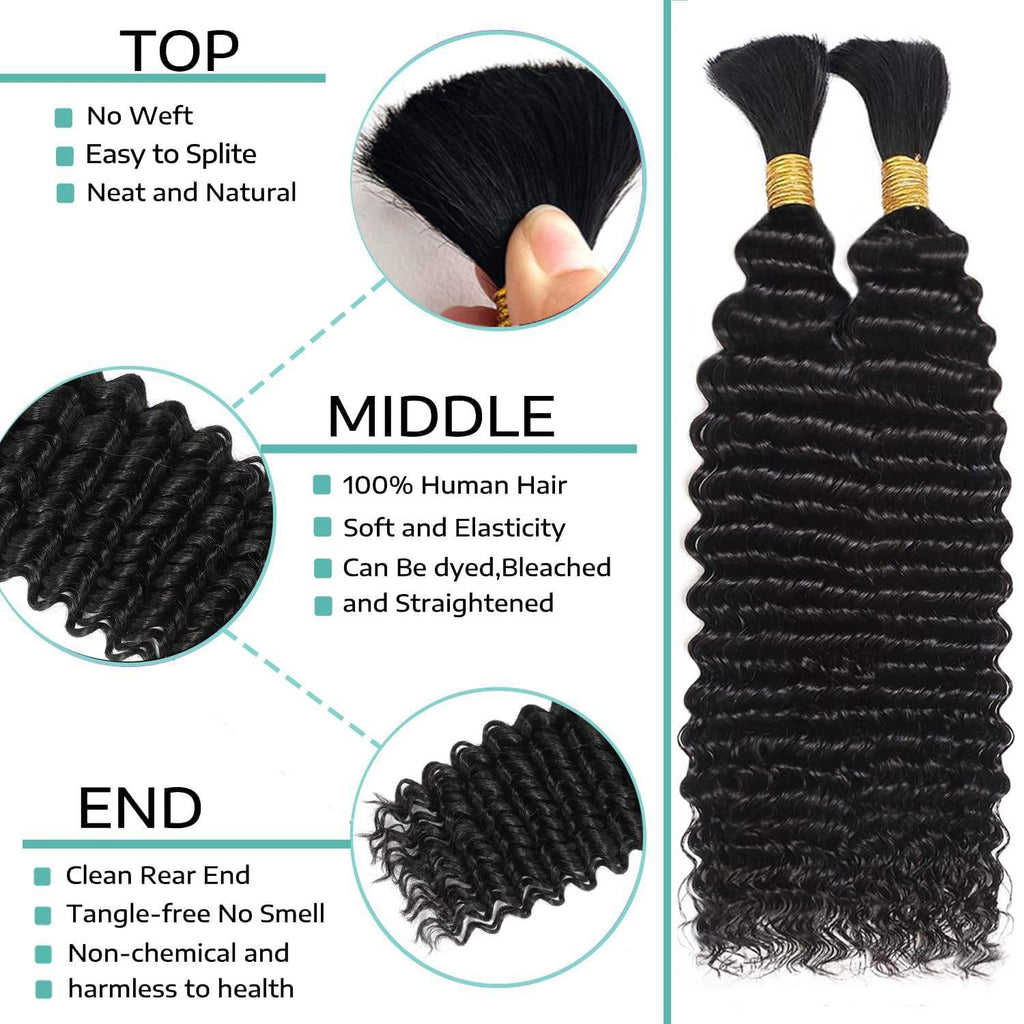 Virgin Remy Braiding Human Hair for Boho Braids, Full End Deep Wave Bulk for Braiding Bohemian Knotless Braids 100g #1B Natural Color