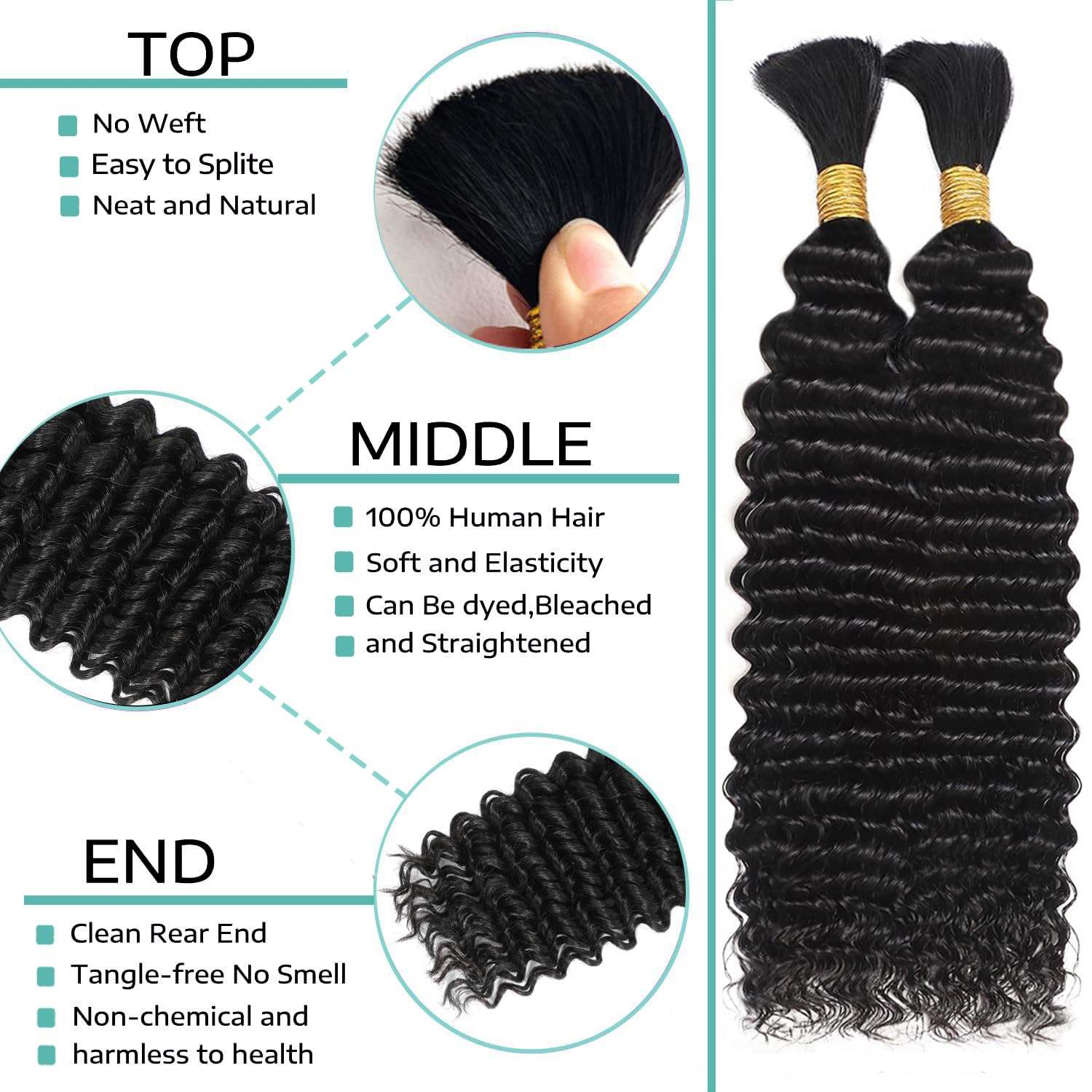 Virgin Remy Braiding Human Hair for Boho Braids, Full End Deep Wave Bulk for Braiding Bohemian Knotless Braids 100g #1B Natural Color