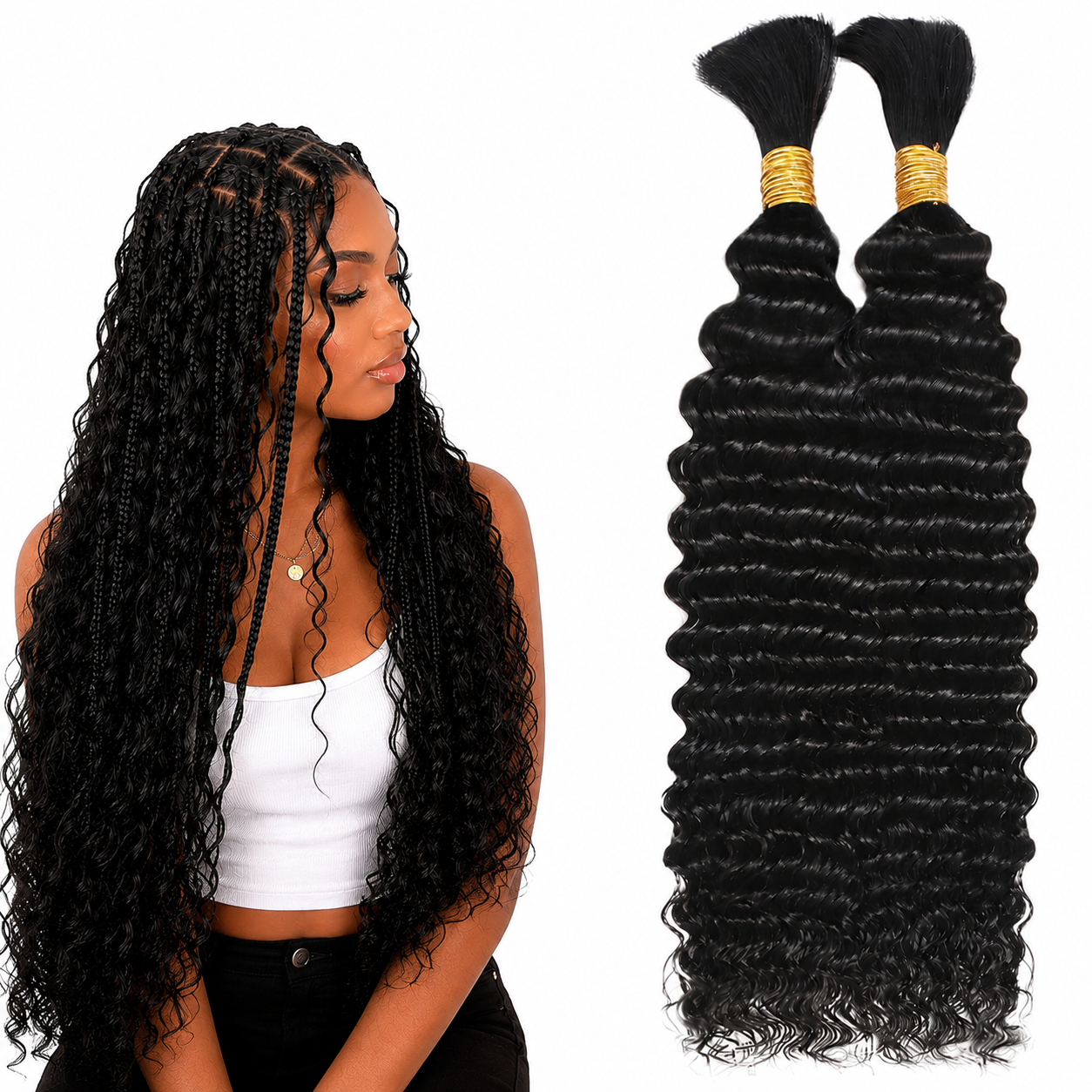 Virgin Remy Braiding Human Hair for Boho Braids, Full End Deep Wave Bulk for Braiding Bohemian Knotless Braids 100g #1B Natural Color